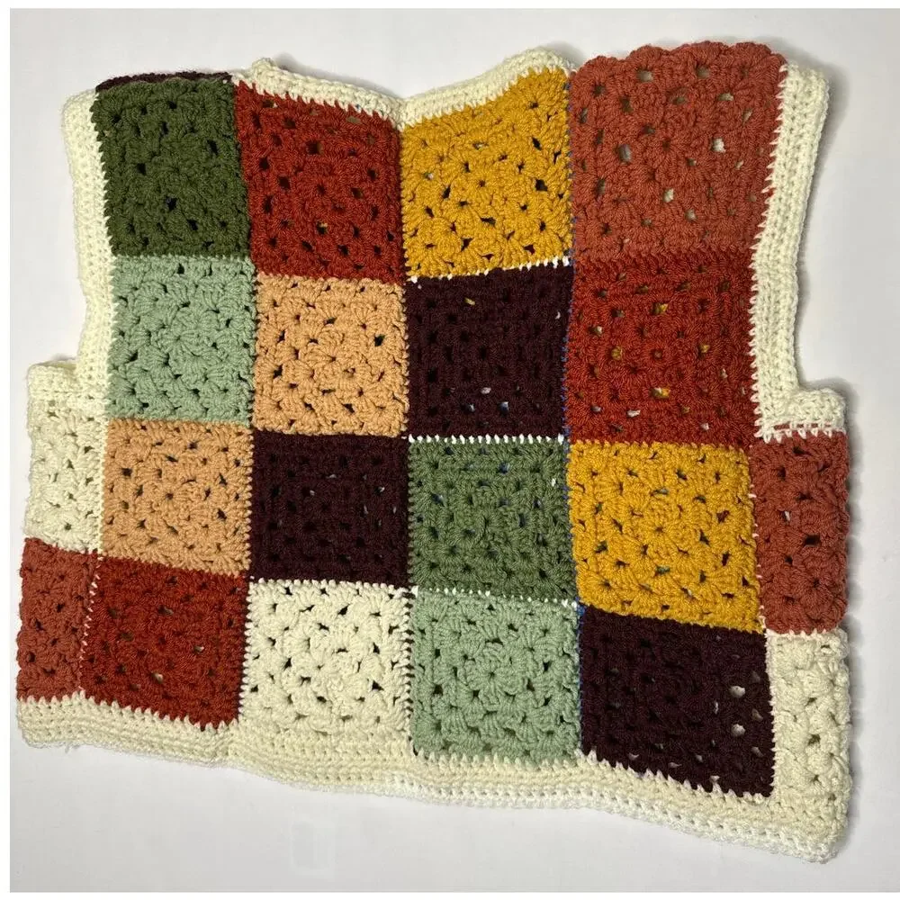 Vintage 1970s Style Handmade Crochet Granny Square Patchwork Vest Unisex XL